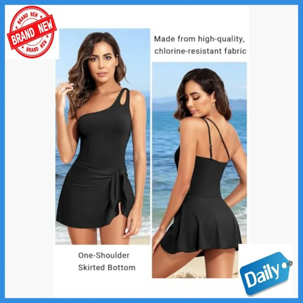 One Shoulder Tummy Control Swim Dress with Skirt X-Large One Piece Swimsuit